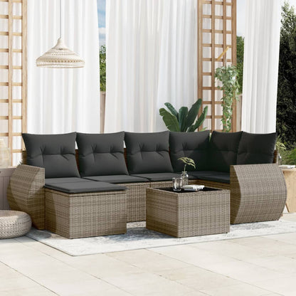 7-tlg. Garten-Sofagarnitur mit Kissen Grau Poly Rattan