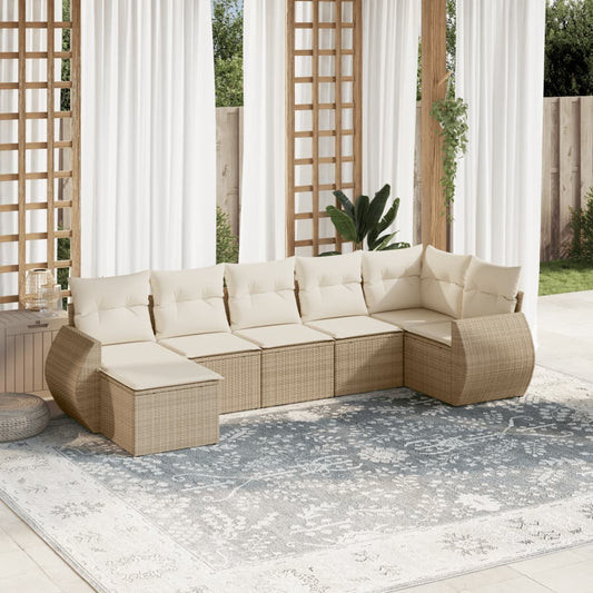 7-tlg. Garten-Sofagarnitur mit Kissen Beige Poly Rattan