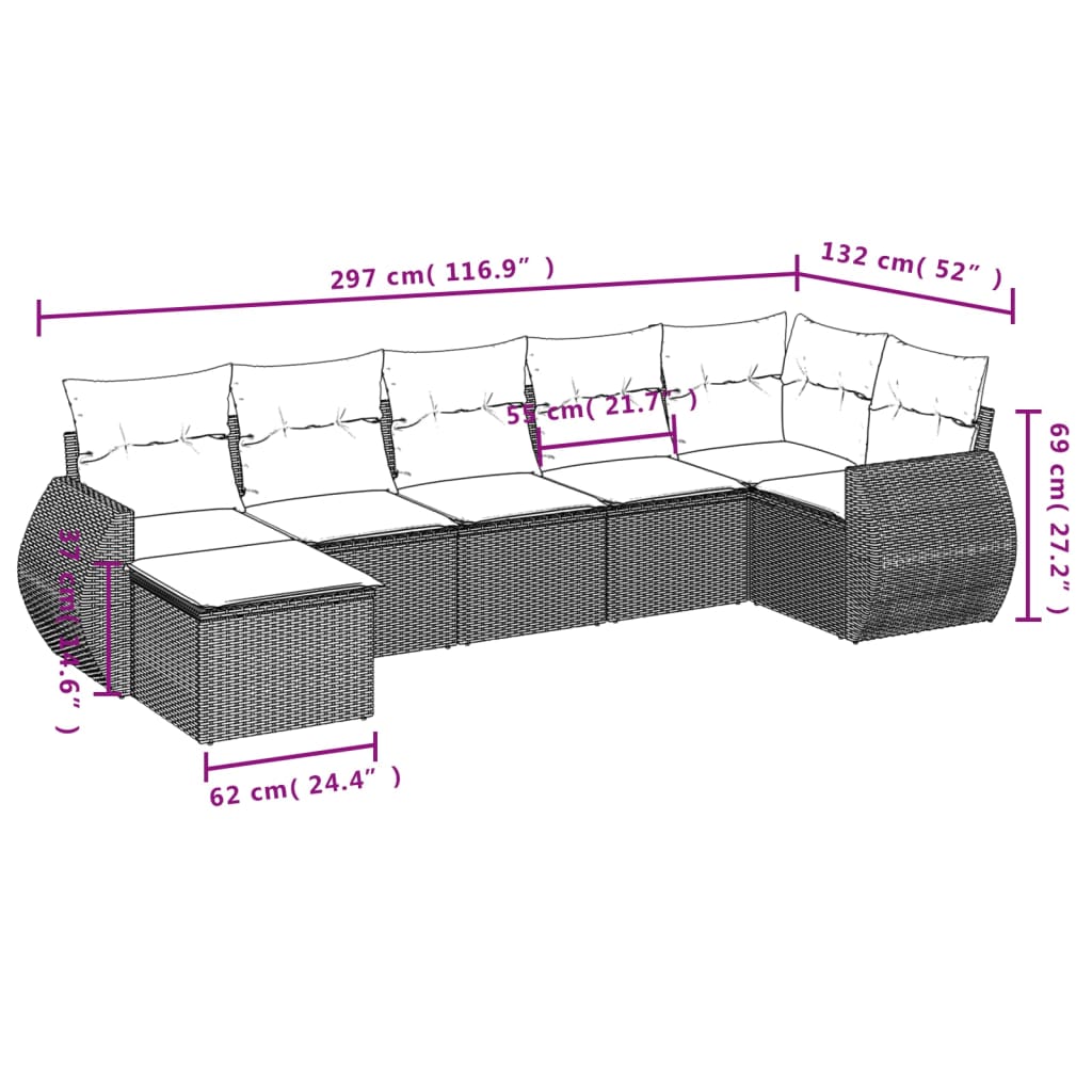 7-tlg. Garten-Sofagarnitur mit Kissen Hellgrau Poly Rattan