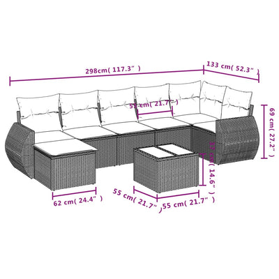 8-tlg. Garten-Sofagarnitur mit Kissen Hellgrau Poly Rattan