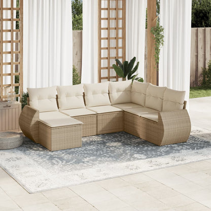 7-tlg. Garten-Sofagarnitur mit Kissen Beige Poly Rattan