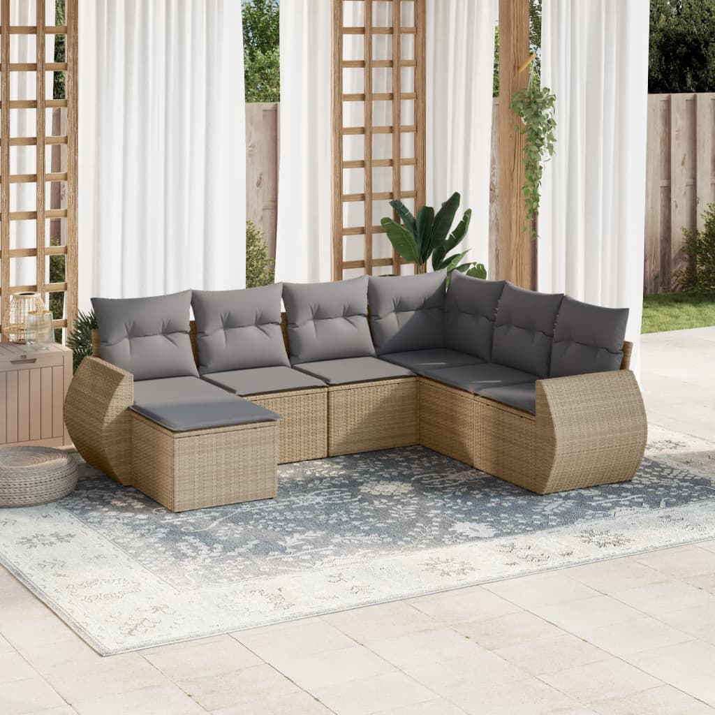 7-tlg. Garten-Sofagarnitur mit Kissen Beige Poly Rattan