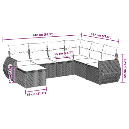 7-tlg. Garten-Sofagarnitur mit Kissen Hellgrau Poly Rattan