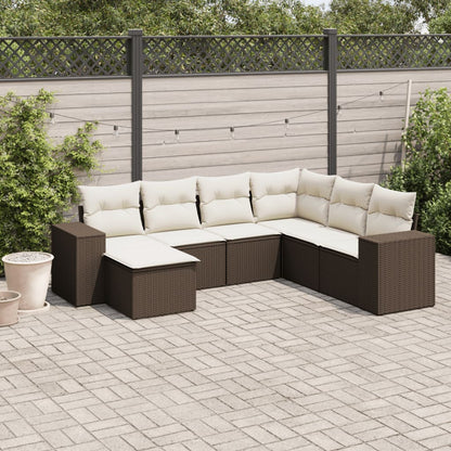 7-tlg. Garten-Sofagarnitur mit Kissen Braun Poly Rattan