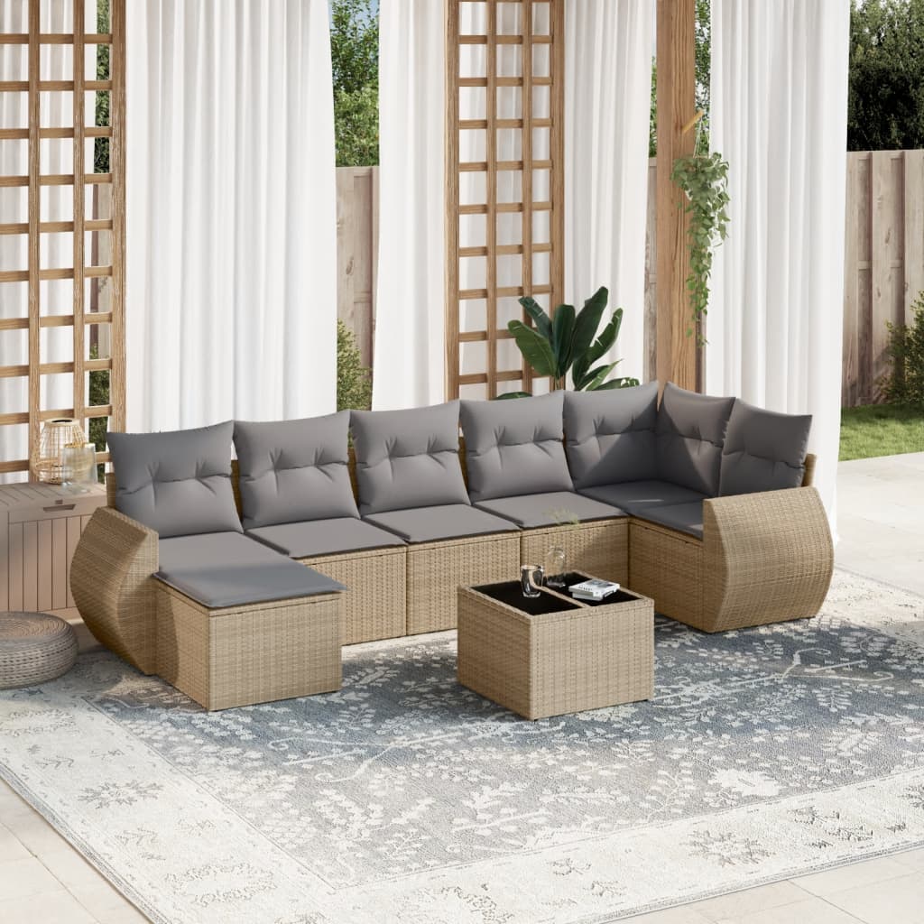 8-tlg. Garten-Sofagarnitur mit Kissen Beige Poly Rattan