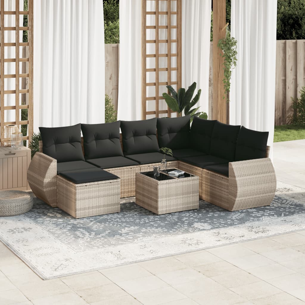 8-tlg. Garten-Sofagarnitur mit Kissen Hellgrau Poly Rattan