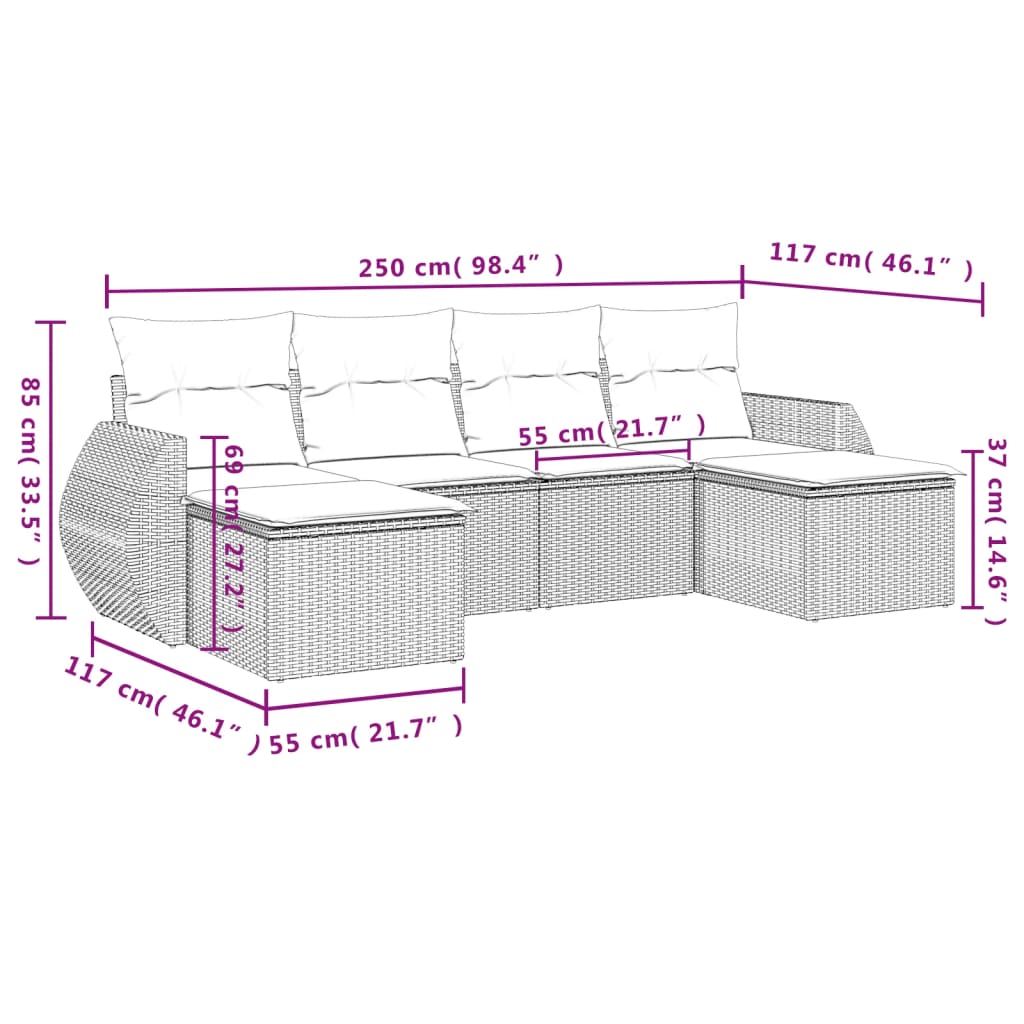 6-tlg. Garten-Sofagarnitur mit Kissen Schwarz Poly Rattan