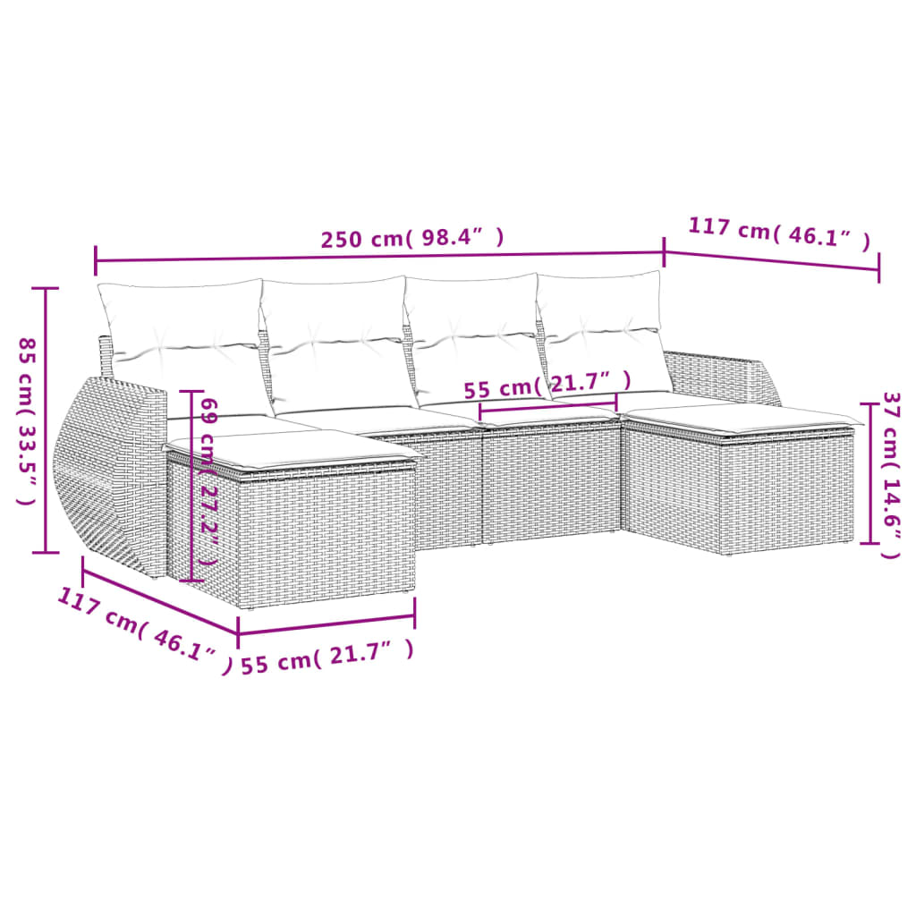 6-tlg. Garten-Sofagarnitur mit Kissen Beige Poly Rattan