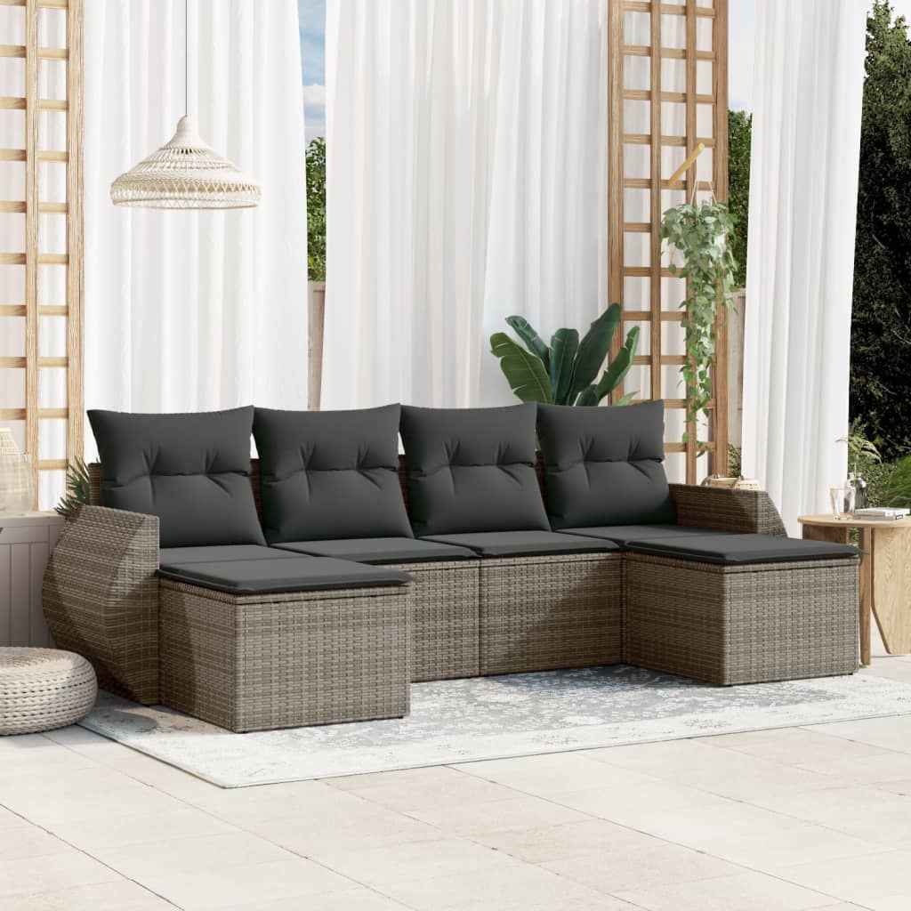 6-tlg. Garten-Sofagarnitur mit Kissen Grau Poly Rattan