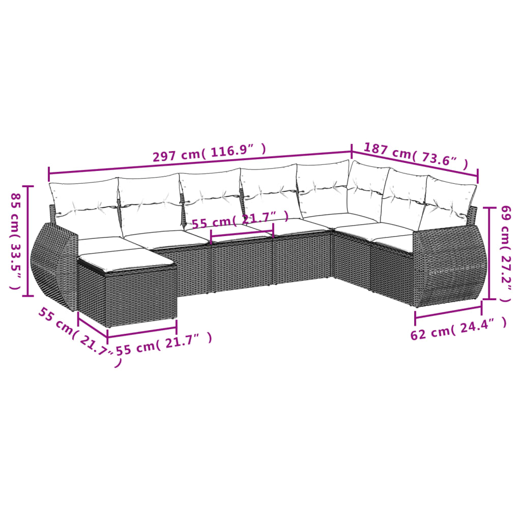 8-tlg. Garten-Sofagarnitur mit Kissen Grau Poly Rattan