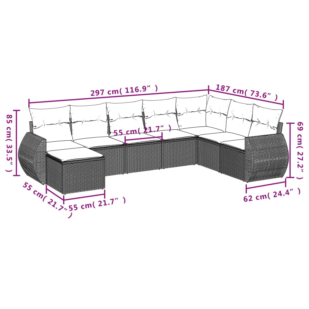 8-tlg. Garten-Sofagarnitur mit Kissen Braun Poly Rattan