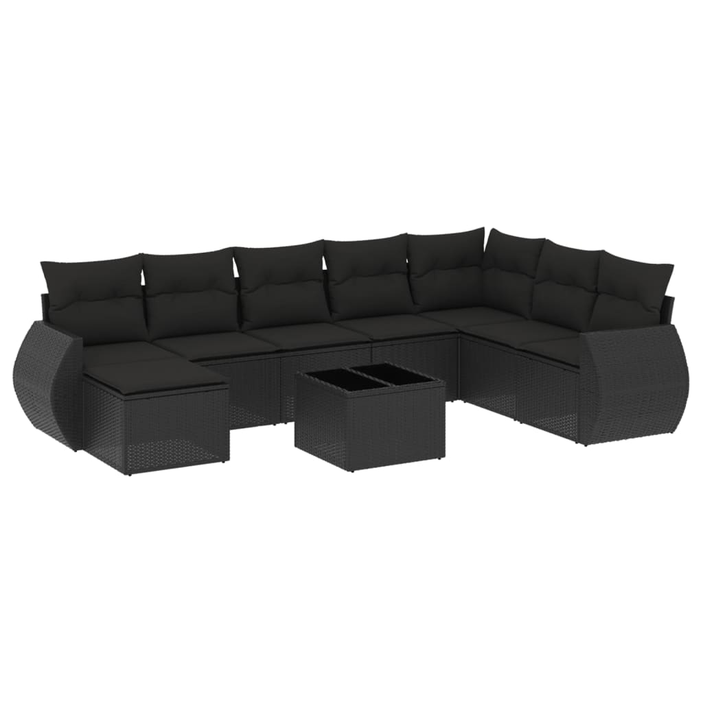 9-tlg. Garten-Sofagarnitur mit Kissen Schwarz Poly Rattan