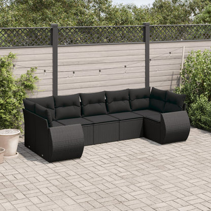 7-tlg. Garten-Sofagarnitur mit Kissen Schwarz Poly Rattan