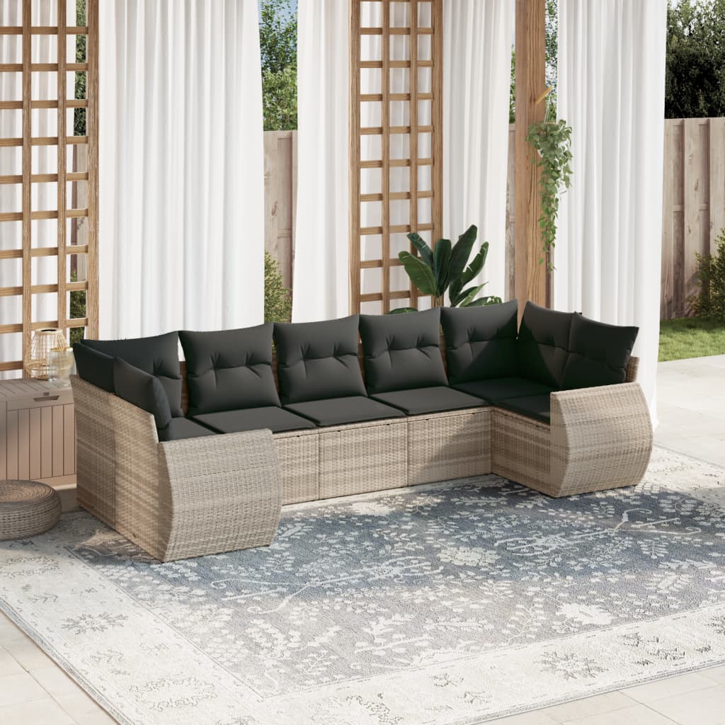 7-tlg. Garten-Sofagarnitur mit Kissen Hellgrau Poly Rattan