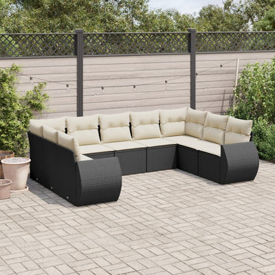 9-tlg. Garten-Sofagarnitur mit Kissen Schwarz Poly Rattan