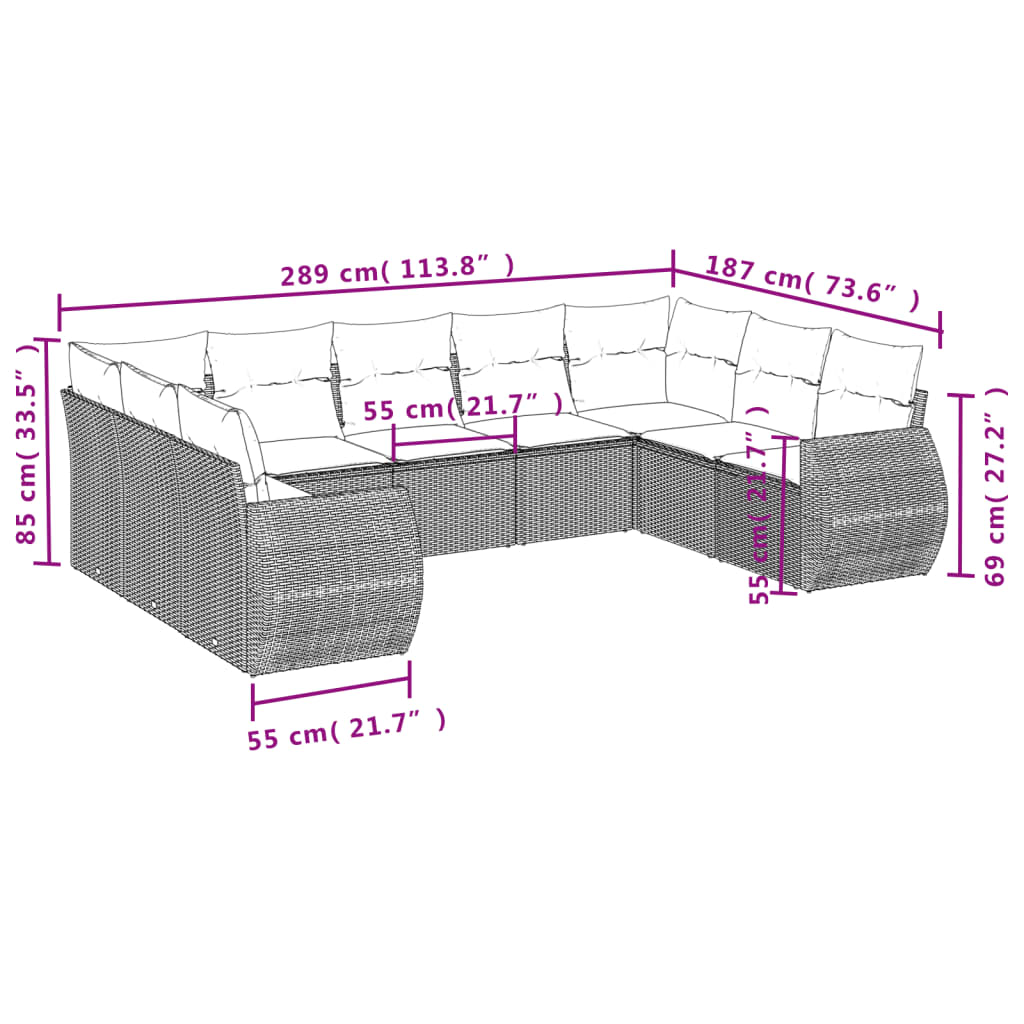 9-tlg. Garten-Sofagarnitur mit Kissen Grau Poly Rattan