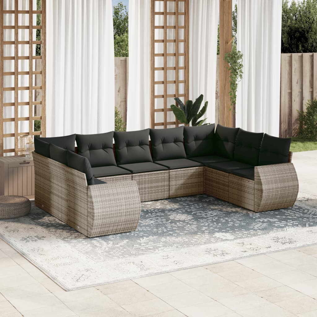 9-tlg. Garten-Sofagarnitur mit Kissen Grau Poly Rattan