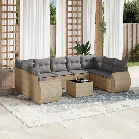 10-tlg. Garten-Sofagarnitur mit Kissen Beige Poly Rattan