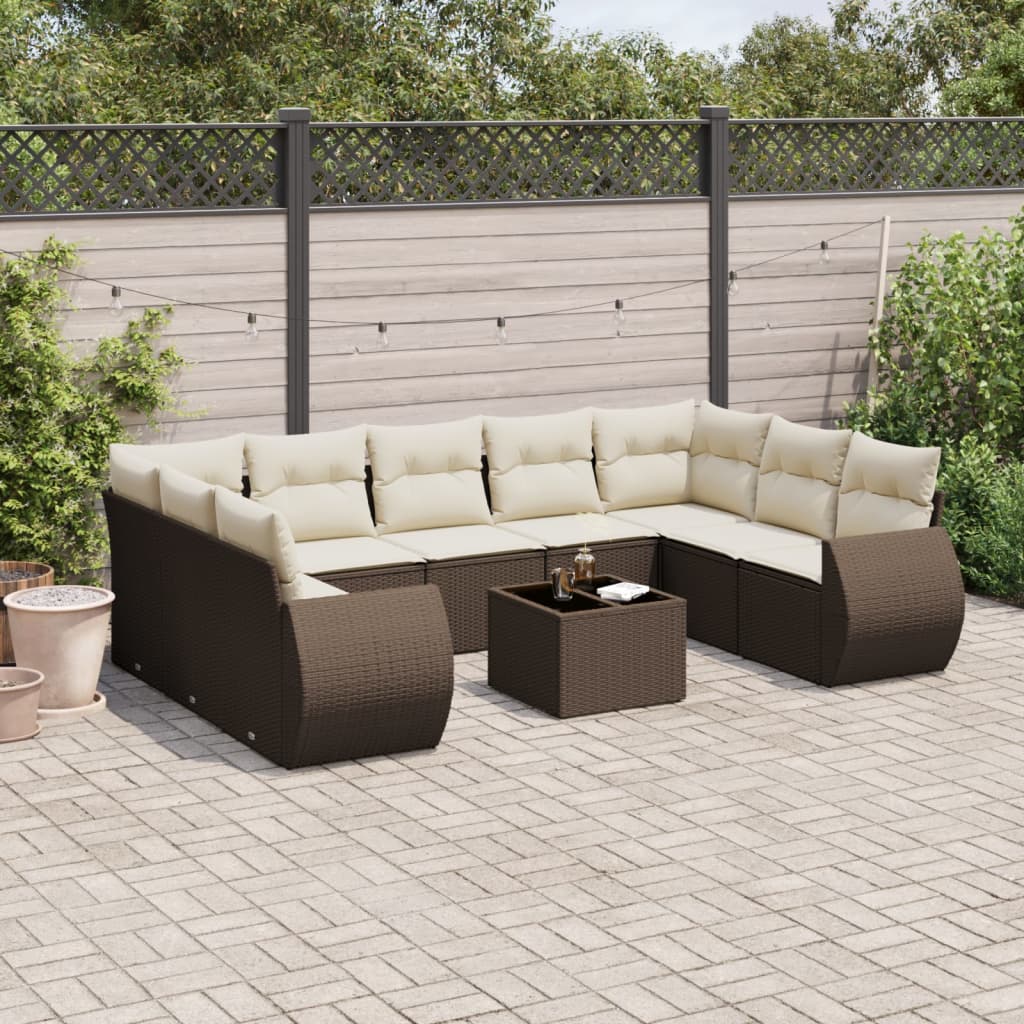 10-tlg. Garten-Sofagarnitur mit Kissen Braun Poly Rattan