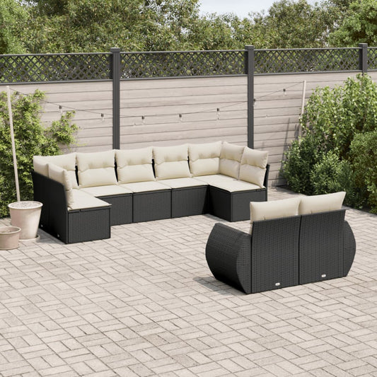 9-tlg. Garten-Sofagarnitur mit Kissen Schwarz Poly Rattan