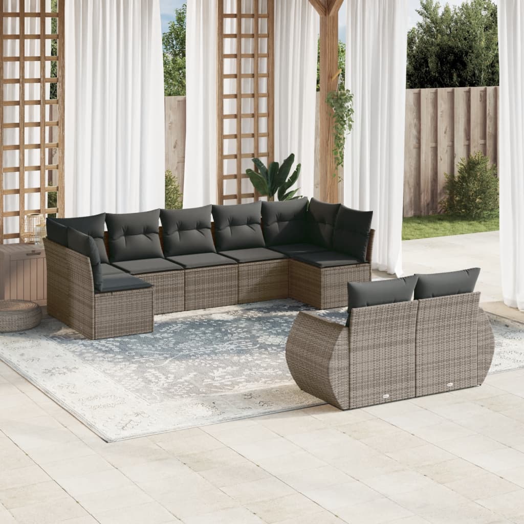 9-tlg. Garten-Sofagarnitur mit Kissen Grau Poly Rattan