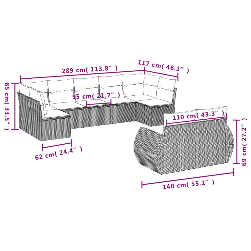 9-tlg. Garten-Sofagarnitur mit Kissen Hellgrau Poly Rattan