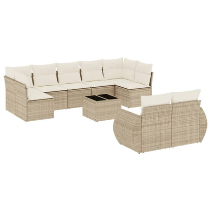 10-tlg. Garten-Sofagarnitur mit Kissen Beige Poly Rattan