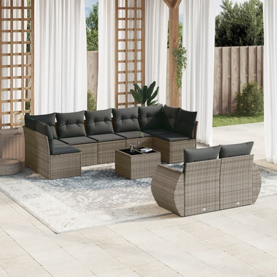 10-tlg. Garten-Sofagarnitur mit Kissen Grau Poly Rattan