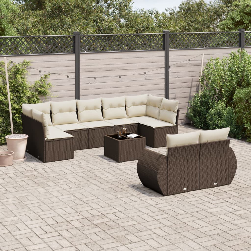 10-tlg. Garten-Sofagarnitur mit Kissen Braun Poly Rattan