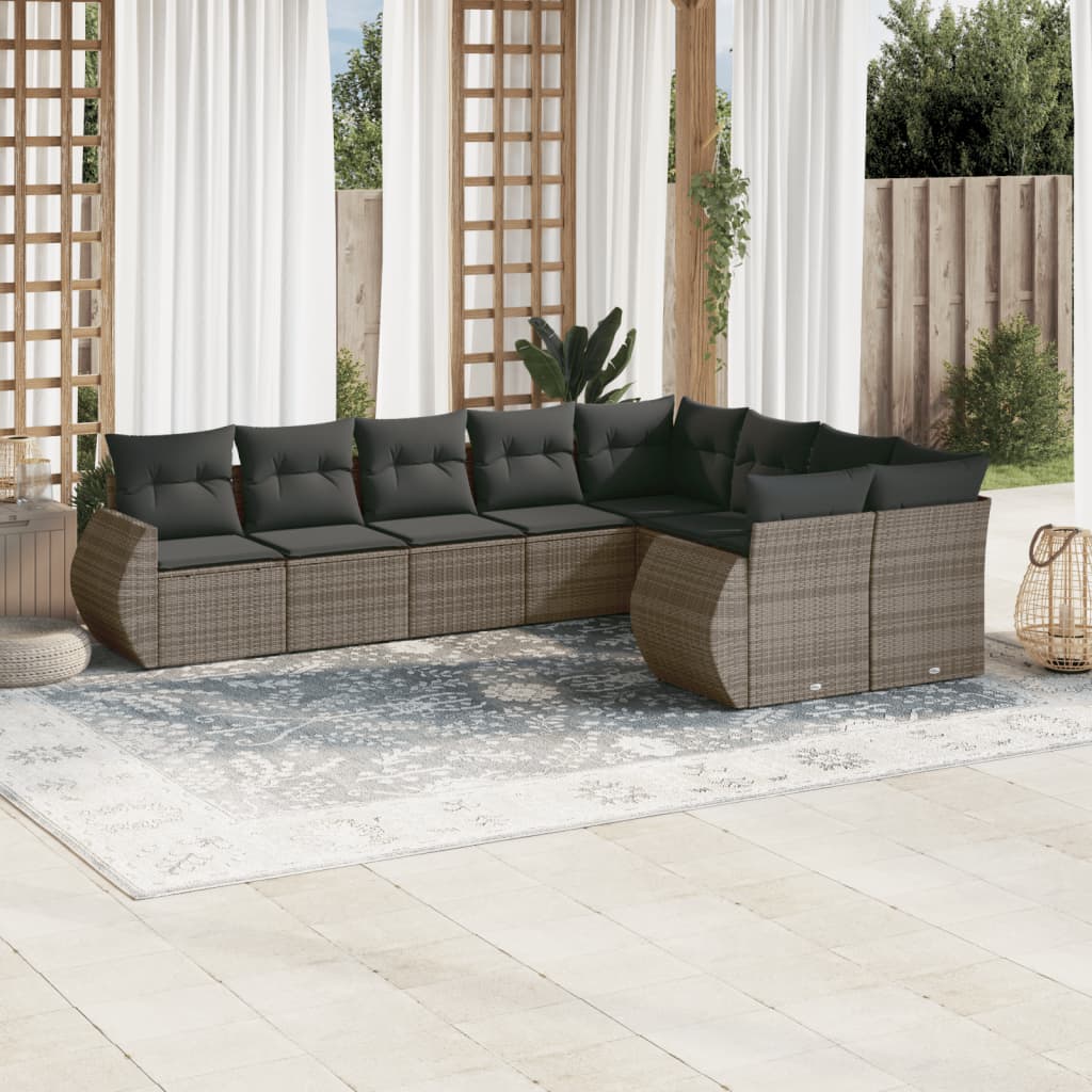 9-tlg. Garten-Sofagarnitur mit Kissen Grau Poly Rattan