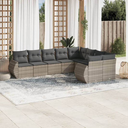 9-tlg. Garten-Sofagarnitur mit Kissen Hellgrau Poly Rattan