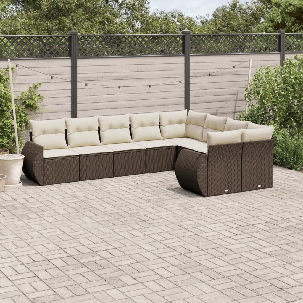 9-tlg. Garten-Sofagarnitur mit Kissen Braun Poly Rattan