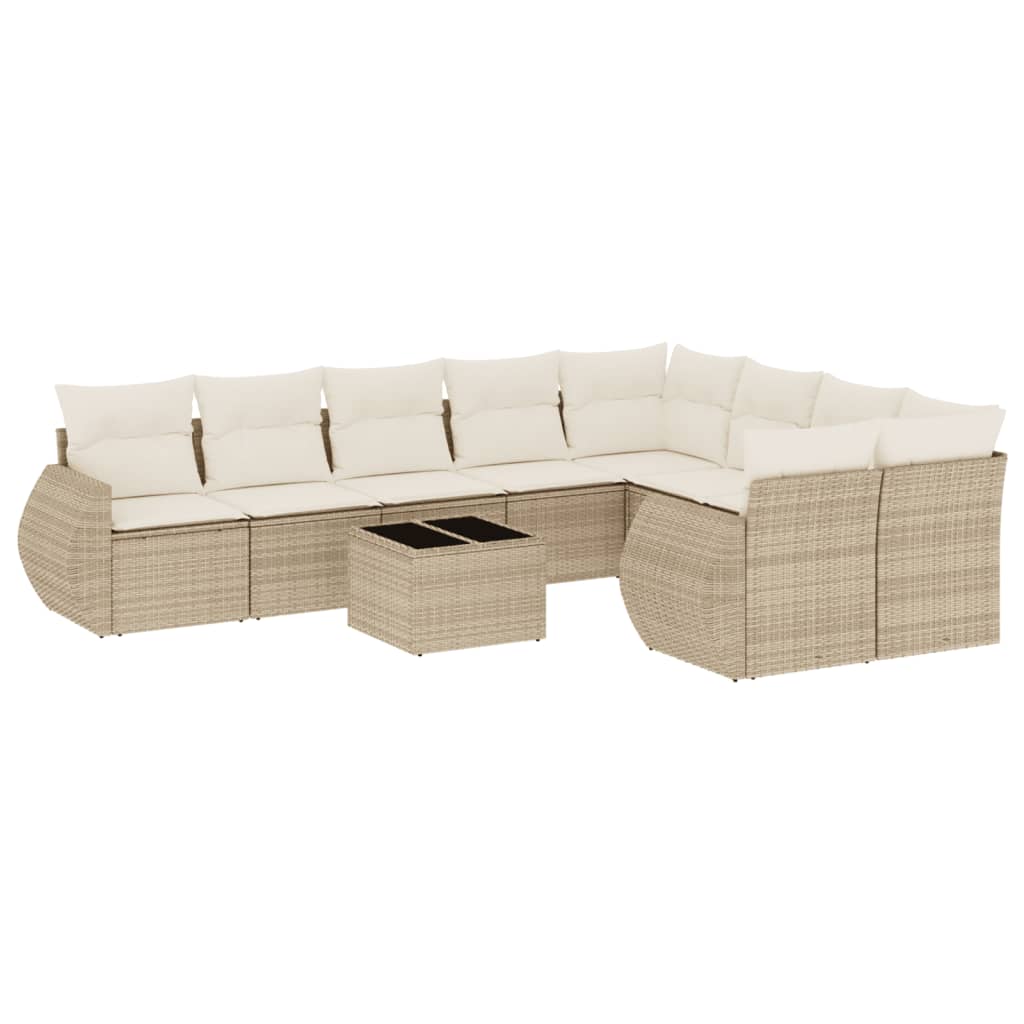 10-tlg. Garten-Sofagarnitur mit Kissen Beige Poly Rattan