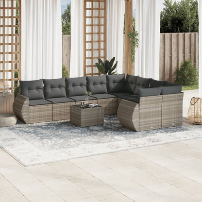 10-tlg. Garten-Sofagarnitur mit Kissen Hellgrau Poly Rattan