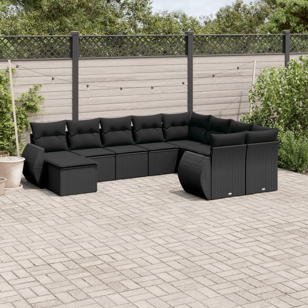 10-tlg. Garten-Sofagarnitur mit Kissen Schwarz Poly Rattan