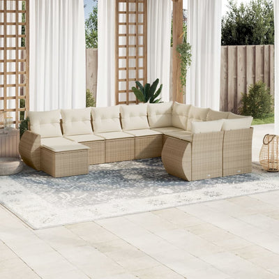 10-tlg. Garten-Sofagarnitur mit Kissen Beige Poly Rattan