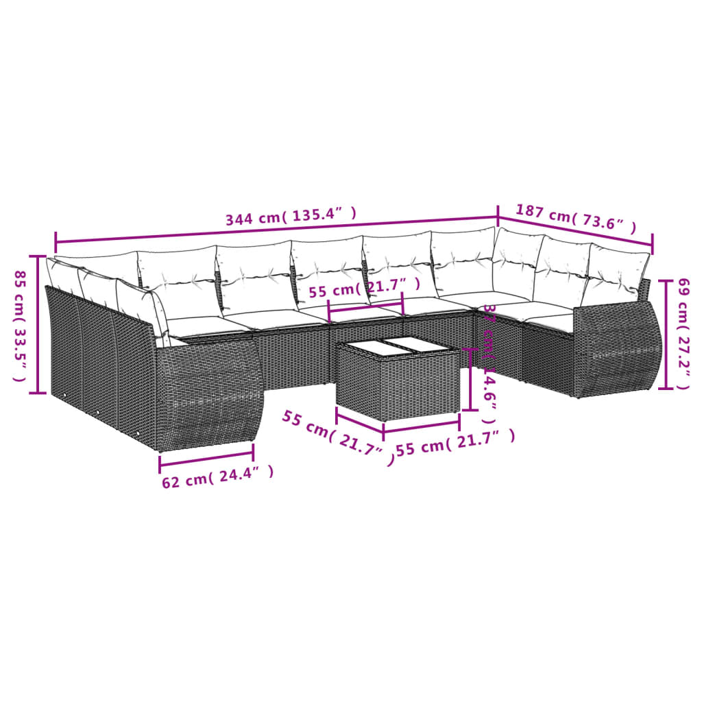 10-tlg. Garten-Sofagarnitur mit Kissen Schwarz Poly Rattan