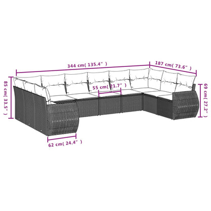 11-tlg. Garten-Sofagarnitur mit Kissen Schwarz Poly Rattan