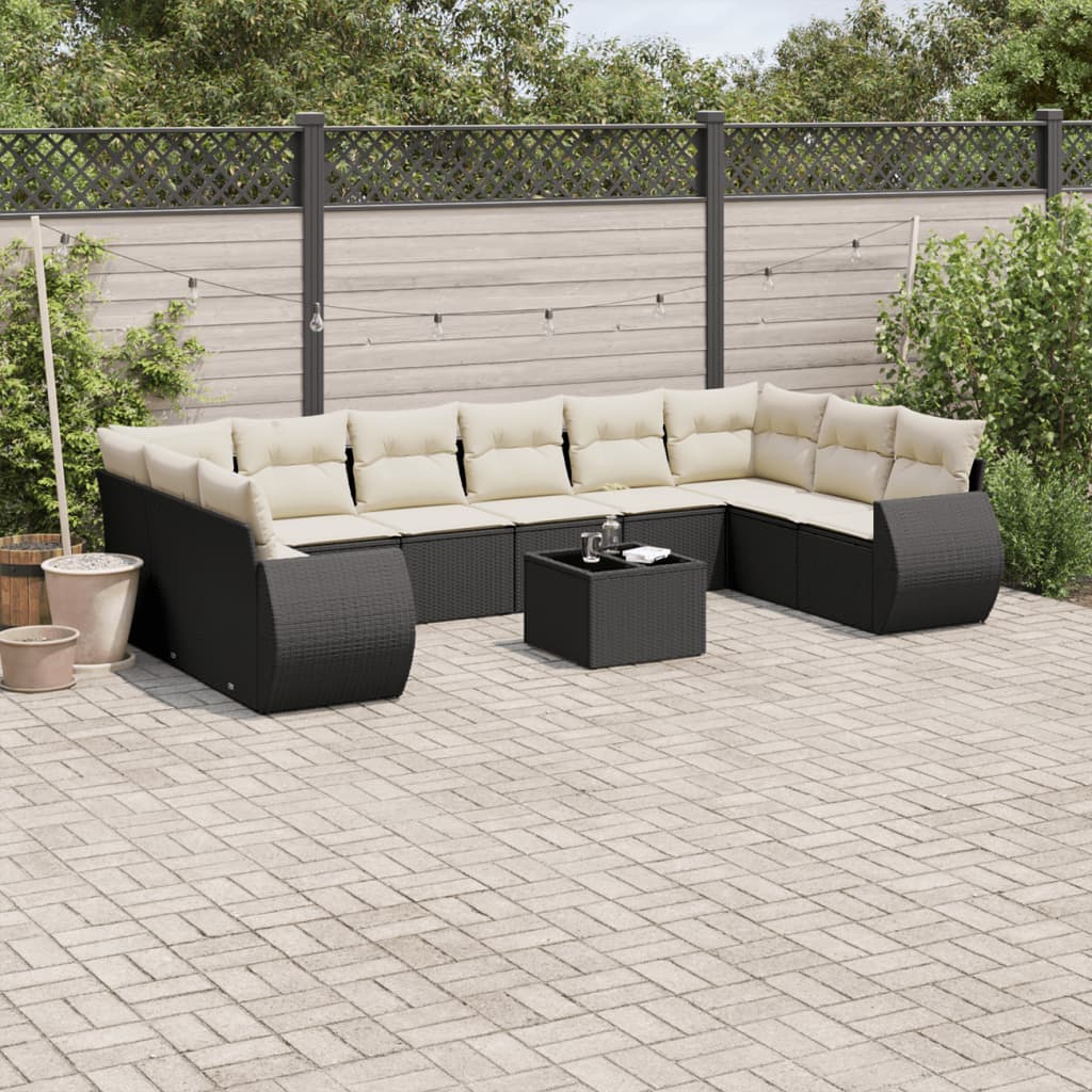 11-tlg. Garten-Sofagarnitur mit Kissen Schwarz Poly Rattan