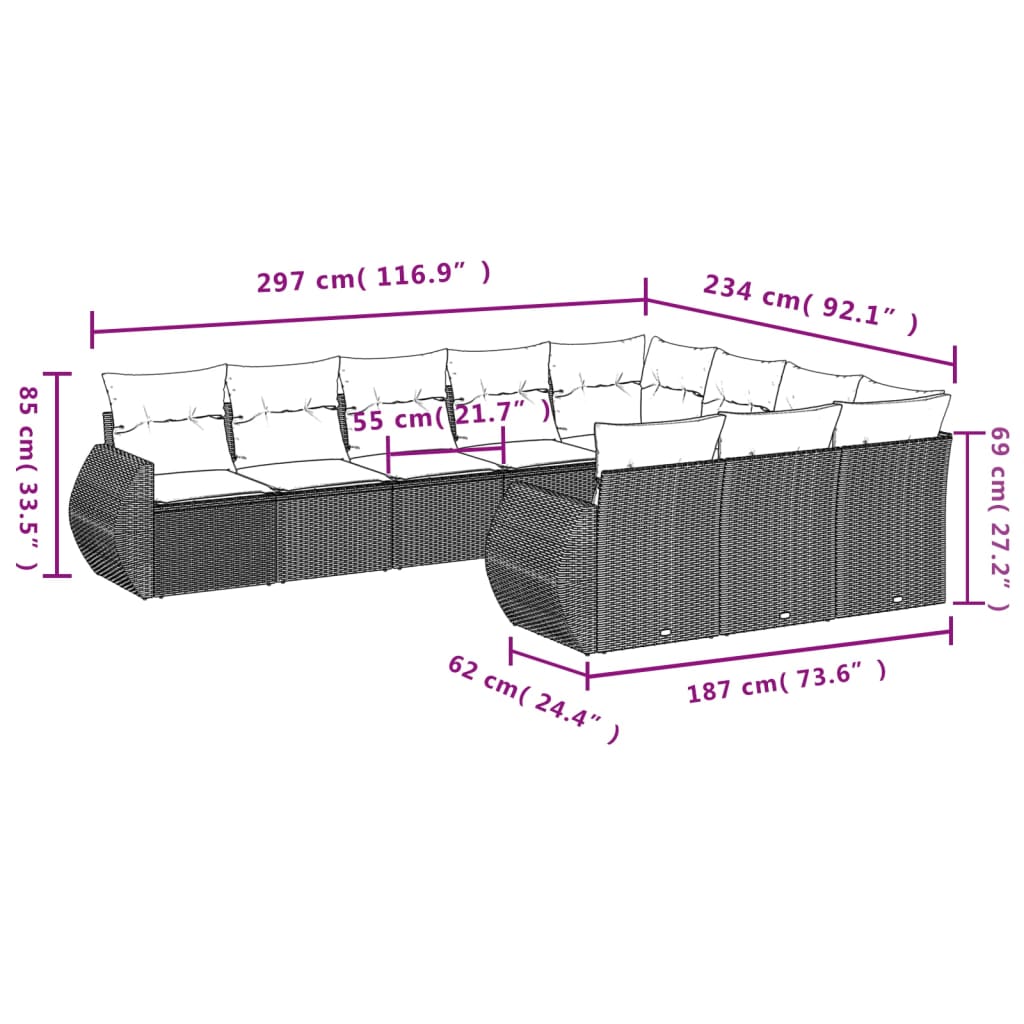 10-tlg. Garten-Sofagarnitur mit Kissen Schwarz Poly Rattan