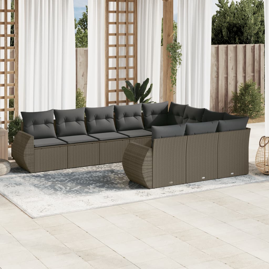 10-tlg. Garten-Sofagarnitur mit Kissen Hellgrau Poly Rattan