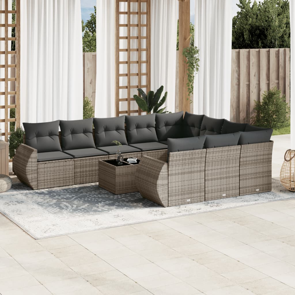 11-tlg. Garten-Sofagarnitur mit Kissen Grau Poly Rattan