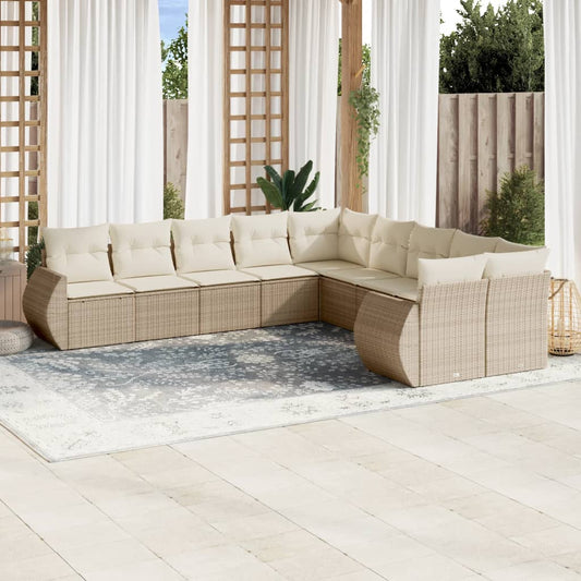 10-tlg. Garten-Sofagarnitur mit Kissen Beige Poly Rattan