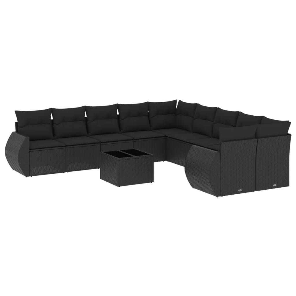 11-tlg. Garten-Sofagarnitur mit Kissen Schwarz Poly Rattan