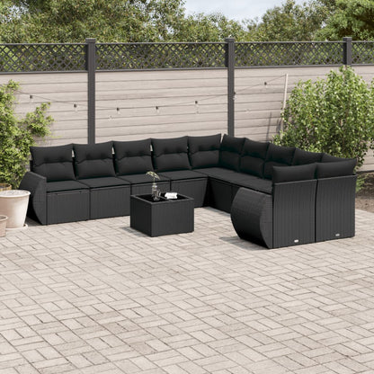 11-tlg. Garten-Sofagarnitur mit Kissen Schwarz Poly Rattan