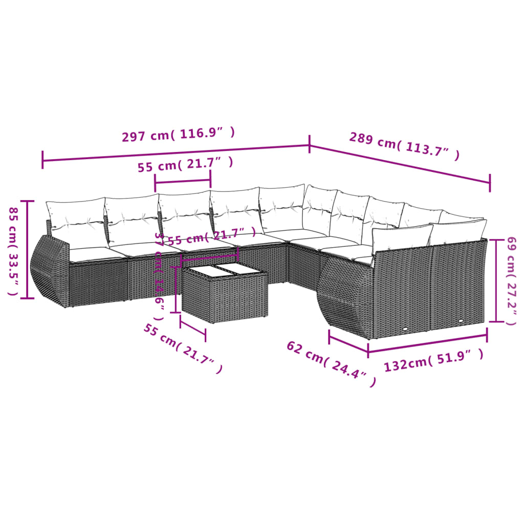 11-tlg. Garten-Sofagarnitur mit Kissen Grau Poly Rattan