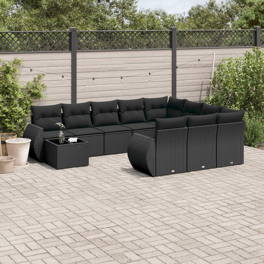 11-tlg. Garten-Sofagarnitur mit Kissen Schwarz Poly Rattan