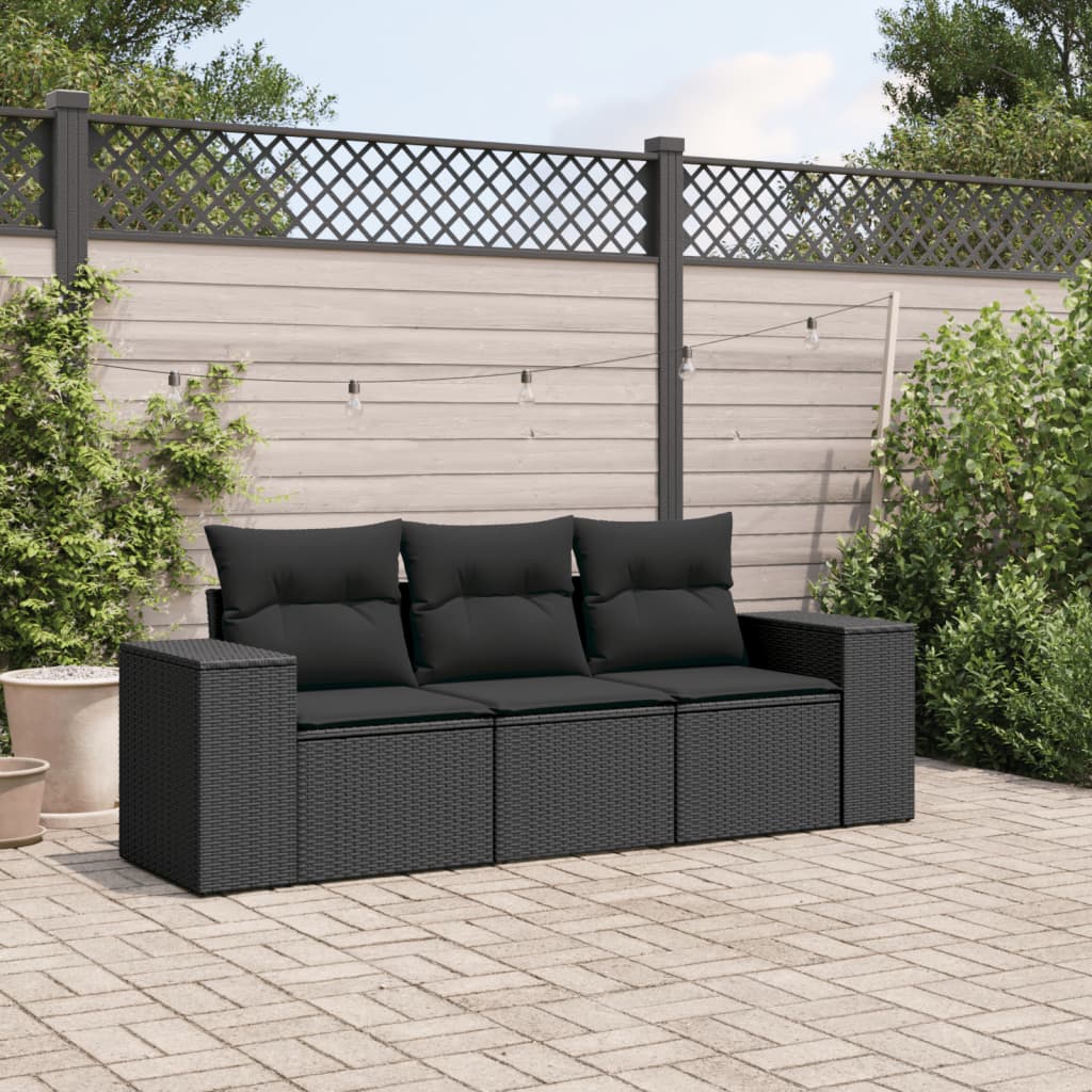 3-tlg. Garten-Sofagarnitur mit Kissen Schwarz Poly Rattan