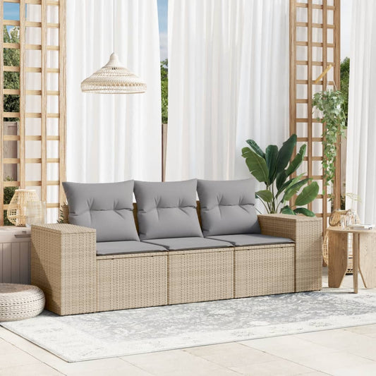 3-tlg. Garten-Sofagarnitur mit Kissen Beige Poly Rattan