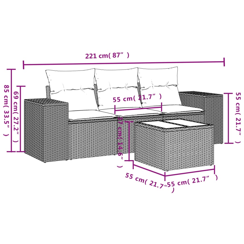 4-tlg. Garten-Sofagarnitur mit Kissen Hellgrau Poly Rattan